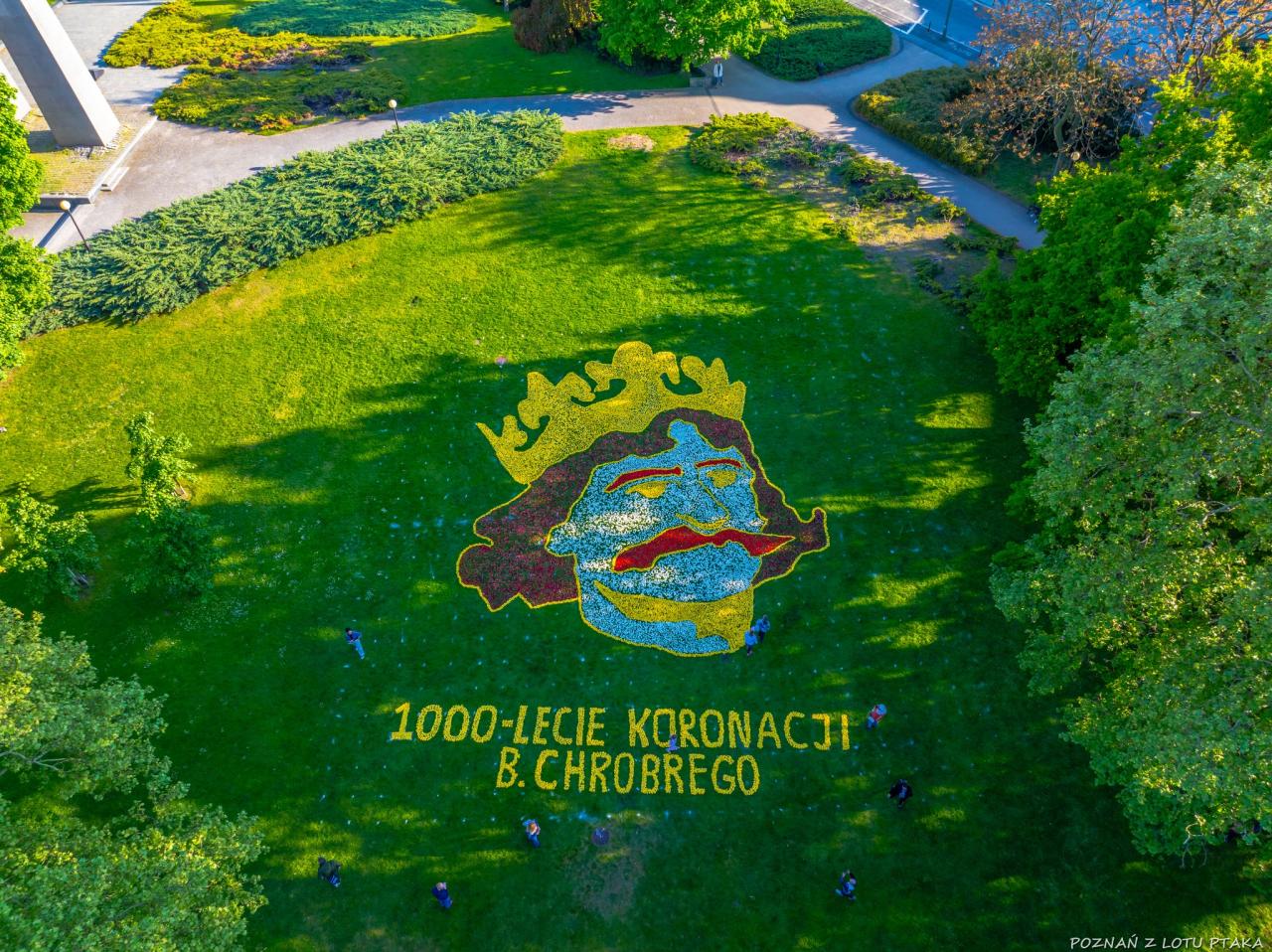 Bolesław Chrobry z kwiatów na poznańskim trawniku