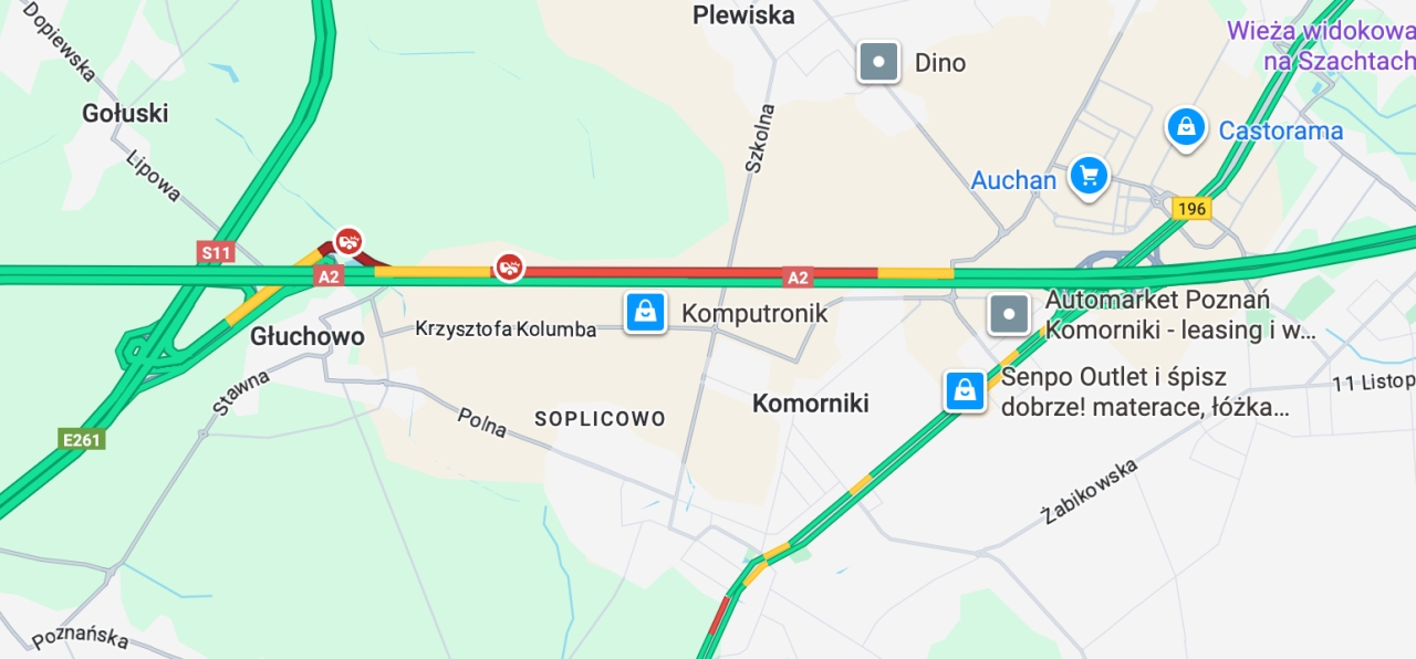 Korek na autostradowej obwodnicy Poznania. Auto uderzyło w barierę