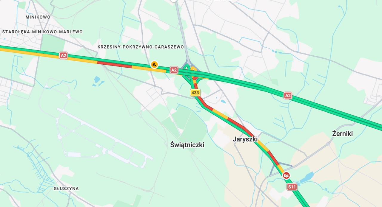 Roboty drogowe na A2 pod Poznaniem, ogromny korek rozlał się na S11