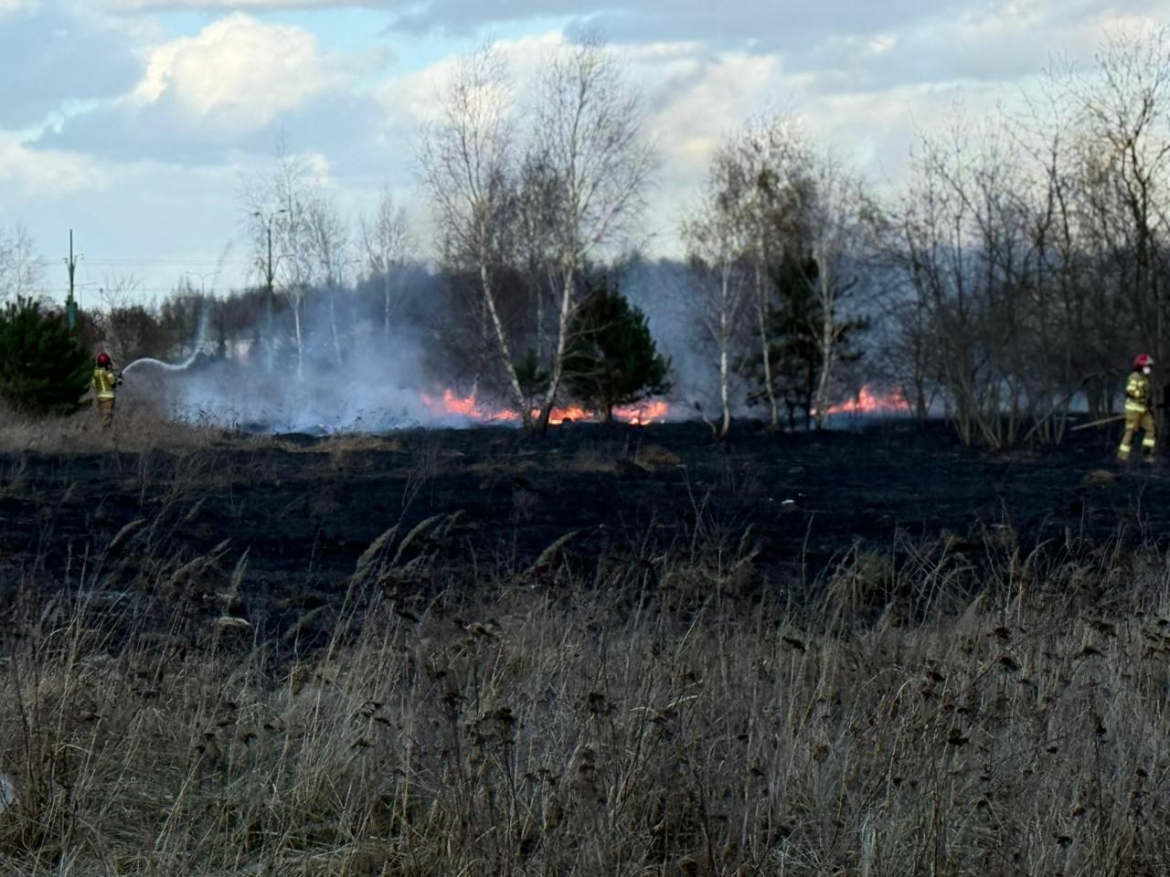 Franowo: pożar łąki za budynkami. Dym widoczny na os. Bohaterów II Wojny Światowej