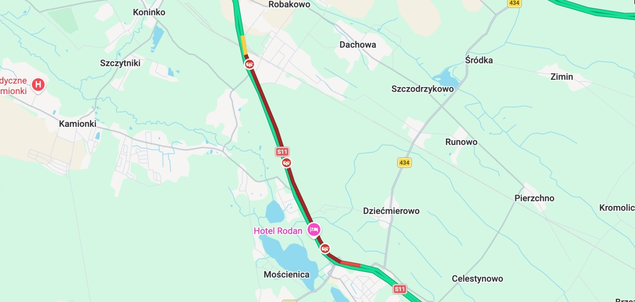 Duży powypadkowy korek na S11 Kórnik – Poznań