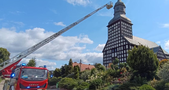 Działania straży pożarnej przy zabytkowym kościele