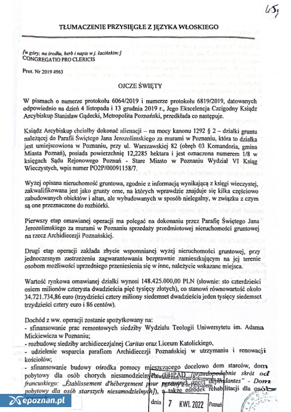 list poznańskiego arcybiskupa do papieża