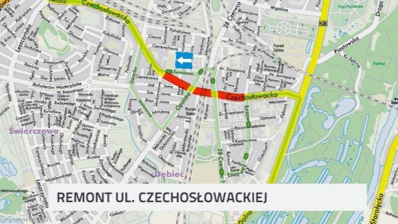 Na czerwono zaznaczono fragmenty ulicy wyłączone z ruchu | fot. WTK