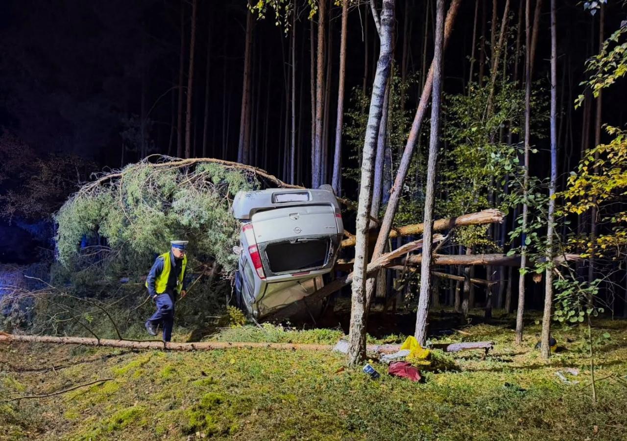 Groźnie wyglądający wypadek w regionie. Auto wypadło z drogi i zawisło na połamanych drzewach
