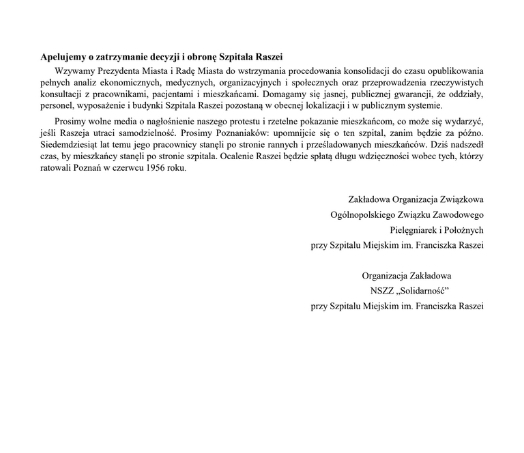 Treść listu od pracowników szpitala im. Raszei.