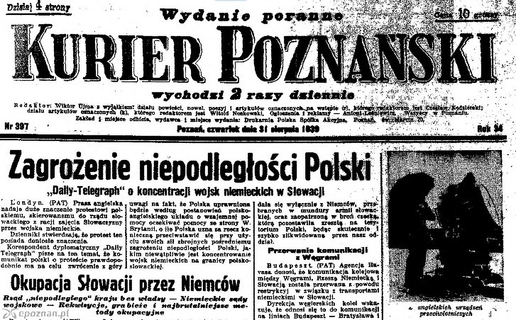 Strona tytułowa popołudniowego wydania Kuriera Poznańskiego z 31 sierpnia 1939 roku