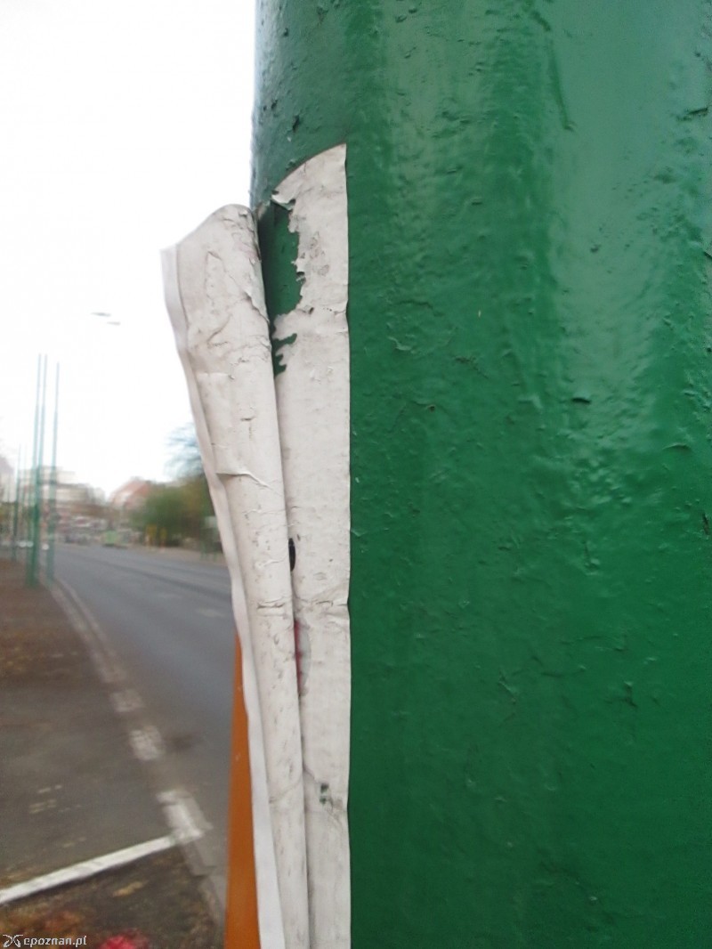 Takie pozostałości po plakatach zostają na słupach trakcyjnych | fot. Nishio Poznań