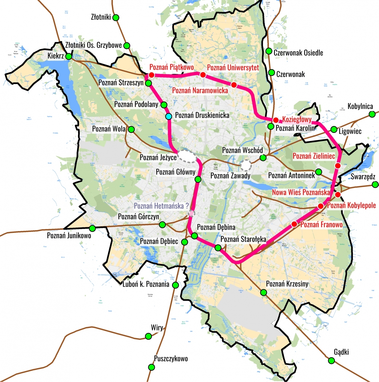 Na zielono stacje istniejące, na czerwono stacje planowane, na niebiesko stacja planowana w ramach PKM | fot. IdP